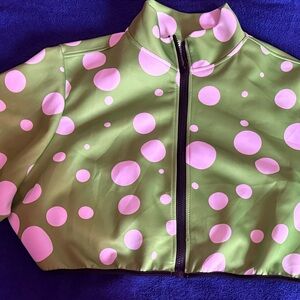 Green Zip-Up Top with Pink Polka Dots